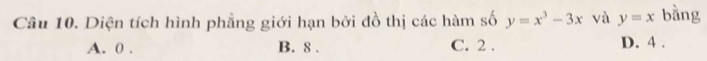 Diện tích hình phẳng giới hạn bởi đồ thị các hàm số y=x^3-3x và y=x bằng
A. 0. B. 8. C. 2. D. 4.