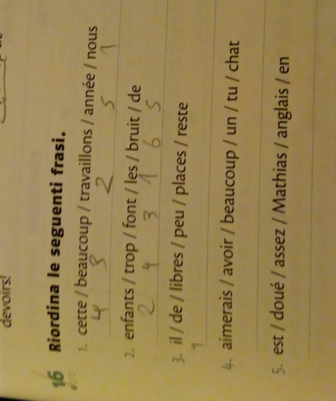 devoirs! 
16 Riordina le seguenti frasi. 
1. cette / beaucoup / travaillons / année / nous 
_ 
_ 
2. enfants / trop / font / lęs / bruit / de 
_ 
3. il / de / libres / peu / places / reste 
_ 
-1 
4. aimerais / avoir / beaucoup / un / tu / chat 
_ 
5. est / doué / assez / Mathias / anglais / en 
_