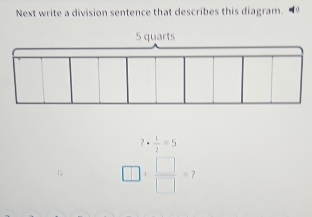 Next write a division sentence that describes this diagram.
5 quarts
?·  1/2 =5
□ + □ /□  =?