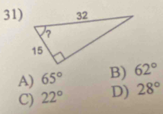 A) 65° B) 62°
C) 22° D) 28°