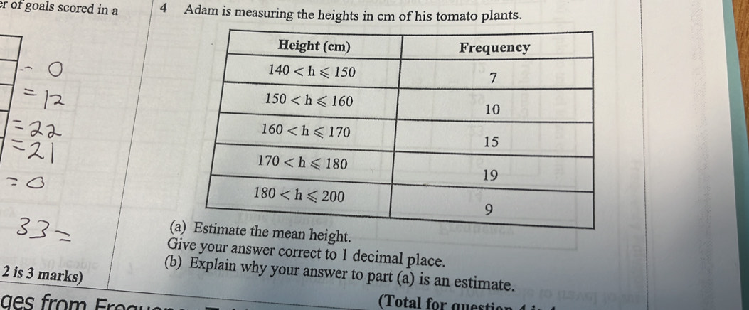 of goals scored in a 4 Adam is measuring the heights in cm of his tomato plants.
(a
Give your answer correct to 1 decimal place.
(b) Explain why your answer to part (a) is an estimate.
2 is 3 marks)
( Total for qu st