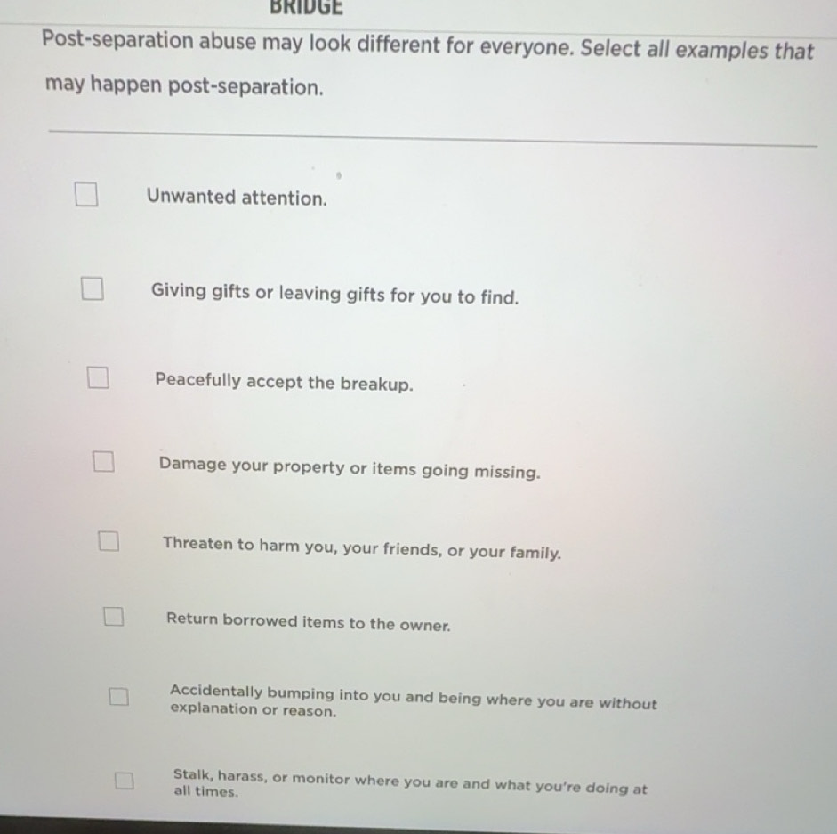 Solved: BRIDGE Post-separation abuse may look different for everyone ...