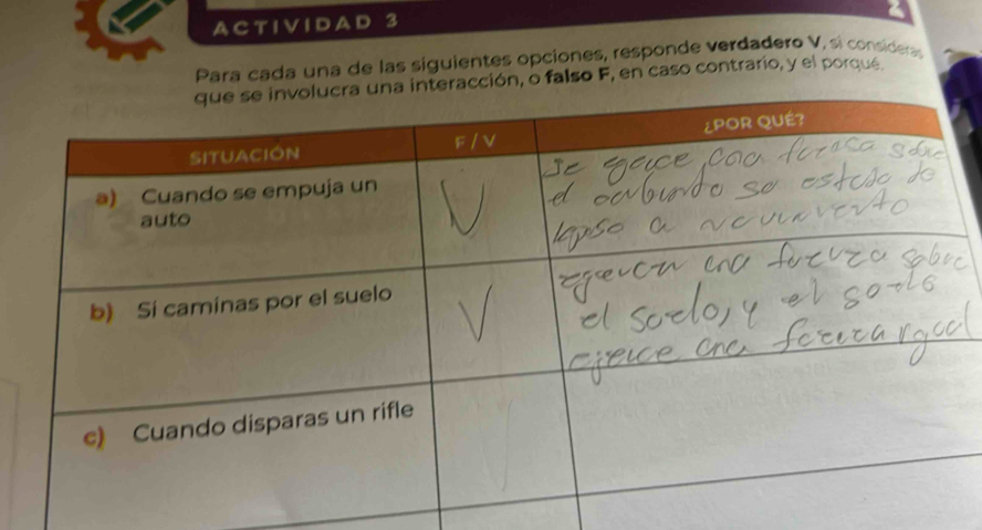 A C T I V I D A D 3
Para cada una de las siguientes opciones, responde verdadero V, si consideras 
interacción, o falso F, en caso contrario, y el porqué.