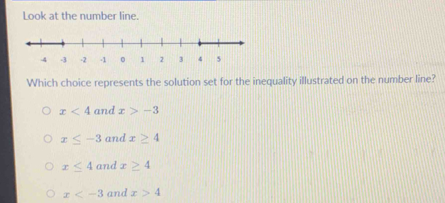 Look at the number line.
Which choice represents the solution set for the inequality illustrated on the number line?
x<4</tex> and x>-3
x≤ -3 and x≥ 4
x≤ 4 and x≥ 4
x and x>4