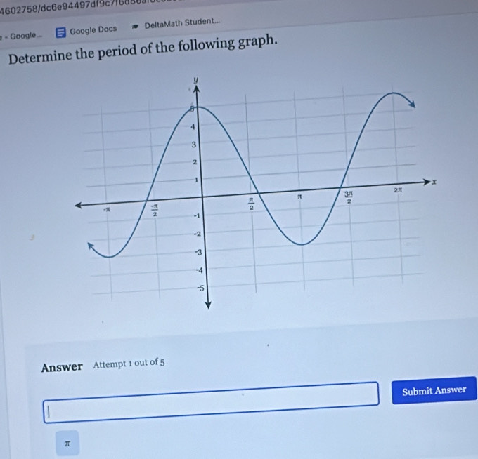 4602758/dc6e94497df9c7f6d80a
- Google... Google Docs DeltaMath Student...
Determine the period of the following graph.
Answer Attempt 1 out of 5
Submit Answer
π