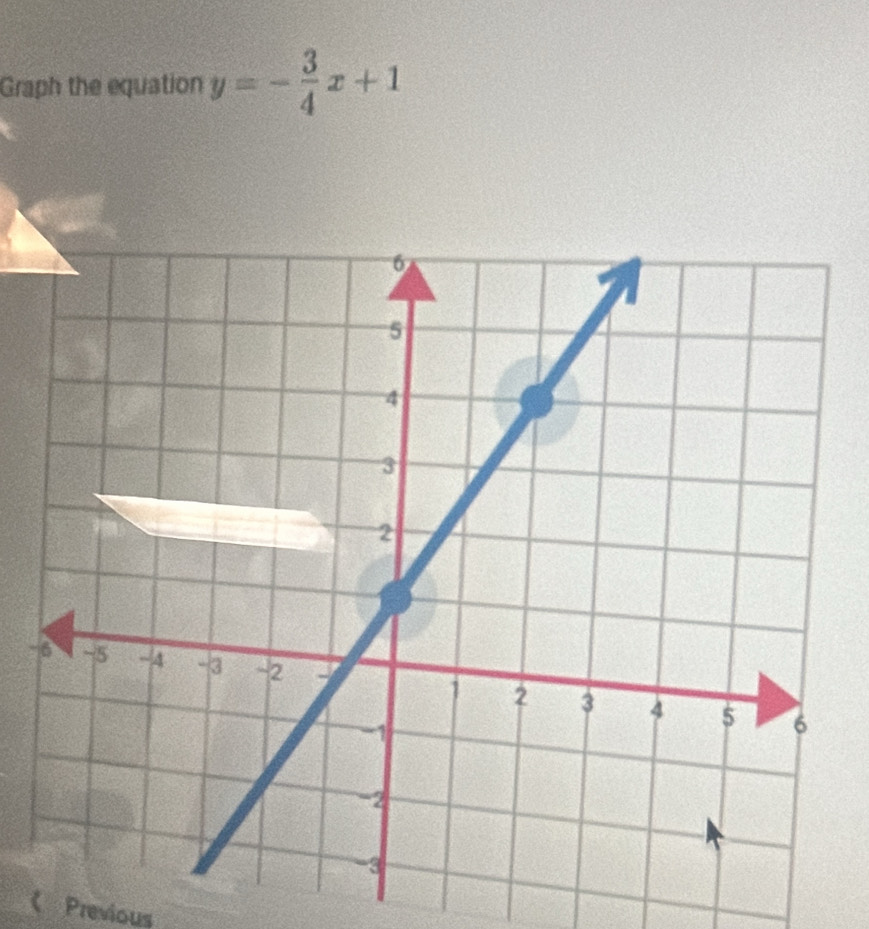 Graph the equation y=- 3/4 x+1
- 
《 Previous