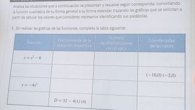 Analiza las situaciones que a continuación se presentan y resuelve según corresponda: convirtiendo
la función cuadrática de su forma general a su forma estándar, trazando las gráficas que se solicitan a
partir de tabular los valores que consideres necesarios identificando sus parábolas.
1. Sin realizar las gráficas de las funciones, completa la tabla siguiente: