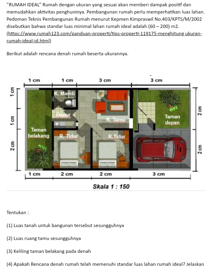 "RUMAH IDEAL" Rumah dengan ukuran yang sesuai akan memberi dampak positif dan
memudahkan aktivitas penghuninya. Pembangunan rumah perlu memperhatikan luas lahan.
Pedoman Teknis Pembangunan Rumah menurut Kepmen Kimpraswil No.403/KPTS/M/2002
disebutkan bahwa standar luas minimal lahan rumah ideal adalah (60-200)m2.
(https://www.rumah123.com/panduan-properti/tips-properti-119175-menghitung ukuran-
rumah-ideal-id.html)
Berikut adalah rencana denah rumah beserta ukurannya.
Tentukan :
(1) Luas tanah untuk bangunan tersebut sesungguhnya
(2) Luas ruang tamu sesungguhnya
(3) Keliling taman belakang pada denah
(4) Apakah Rencana denah rumah telah memenuhi standar luas lahan rumah ideal? Jelaskan