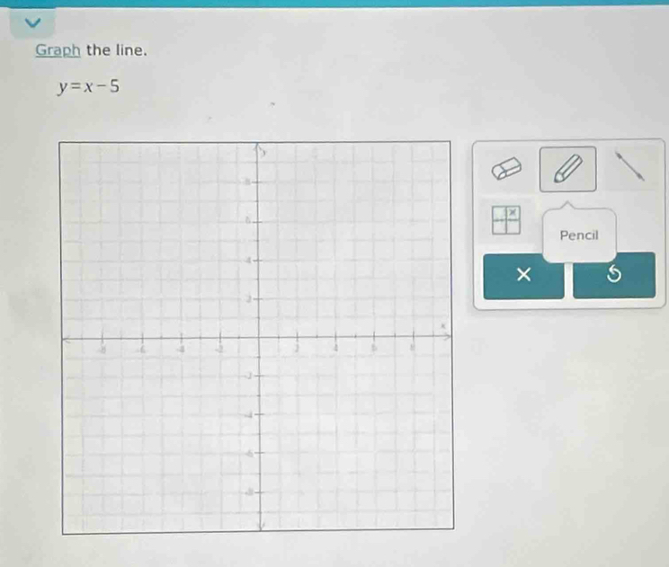 Graph the line.
y=x-5
Pencil 
×