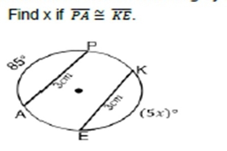 Find x if overline PA≌ overline KE.
85°