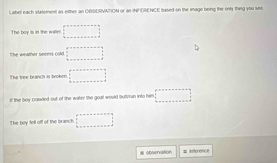 Label each statement as either an OBSERVATION or an INFERENCE based on the image being the only thing you see. 
The boy is in the water. □ 
The weather seems cold □
The tree branch is broken. □ 
If the boy crawled out of the water the goat would butt/run into him □
The boy fell off of the branch. □ 
: observation :: inference