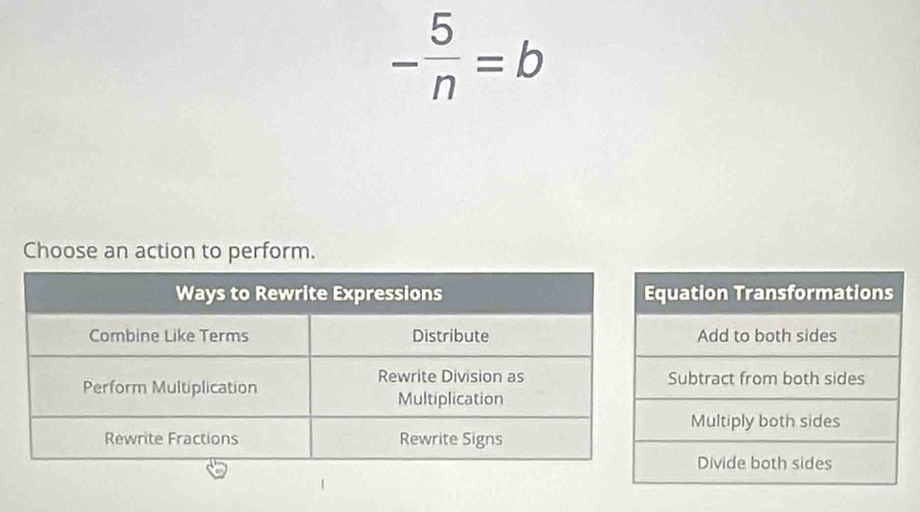 - 5/n =b
Choose an action to perform.