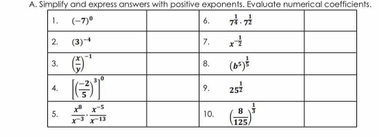 Simplify and express answers with positive exponents. Evaluate numerical coefficients.