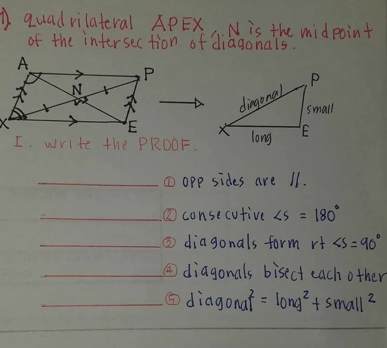 ①quadvilateral APEX N is the midpoint 
of the intersection of diagonals. 
I. wIrite the PRDOF. 
_①opp sides are 11. 
_② consecutive ∠ S=180°
_ 
__③ diagonals form r+ ∠ S=90°
_④diagonals bisect each other 
_⑤ diagona =10ng^2+5mall^2