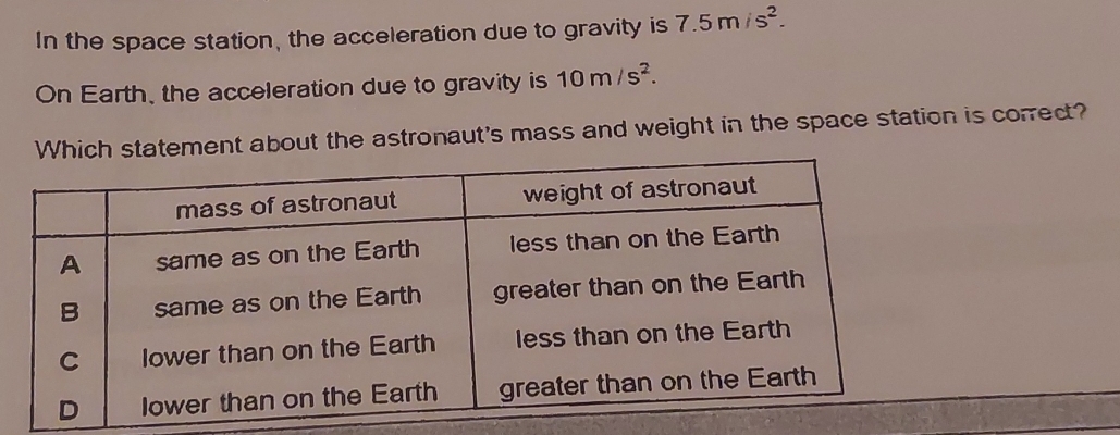 In the space station, the acceleration due to gravity is 7.5m/s^2. 
On Earth, the acceleration due to gravity is 10m/s^2. 
nt about the astronaut's mass and weight in the space station is correct?