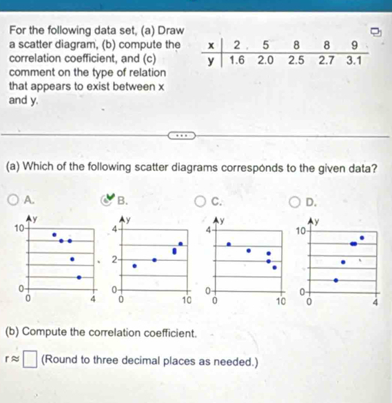 For the following data set, (a) Draw
a scatter diagram, (b) compute the
correlation coefficient, and (c) 
comment on the type of relation
that appears to exist between x
and y.
(a) Which of the following scatter diagrams corresponds to the given data?
A.
B.
C.
D.

(b) Compute the correlation coefficient.
rapprox □ (Round to three decimal places as needed.)