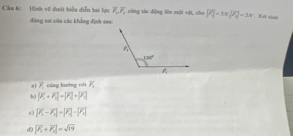 Hình vẽ dưới biểu diễn hai lực overline F_1,overline F_2 cùng tác động lên một vật, cho |overline F_1|=3N,|overline F_2|=2N. Xét tính
đúng sai của các khẳng định sau:
a) overline F_1 cùng hướng với overline F_2
b) |overline F_1+overline F_2|=|overline F_1|+|overline F_2|
c) |overline F_1-overline F_2|=|overline F_1|-|overline F_2|
d) |vector F_1+vector F_2|=sqrt(19)