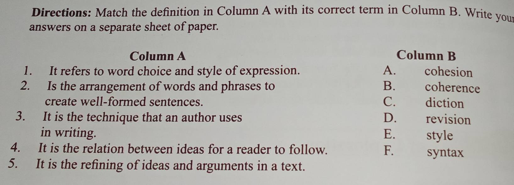 Solved: Directions: Match the definition in Column A with its correct ...