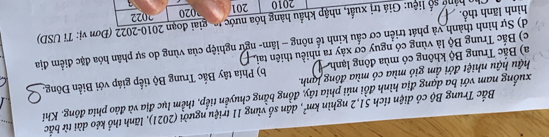 Bắc Trung Bộ có diện tích 51, 2 nghìn km^2 , dân số vùng 11 triệu người (2021), lãnh thổ kéo dài từ bắc
xuống nam với ba dạng địa hình đồi núi phía tây, đồng bằng chuyển tiếp, thềm lục địa và đảo phía đông. Khí
hậu hậu nhiệt đới ẩm gió mùa có mùa đông Jạnh.
a) Bắc Trung Bộ không có mùa đông lạnh b) Phía tây Bắc Trung Bộ tiếp giáp với Biển Đông.
c) Bắc Trung Bộ là vùng có nguy cơ xảy ra nhiều thiên tai.
d) Sự hình thành và phát triển cơ cấu kinh tế nông — lâm- ngư nghiệp của vùng do sự phân hóa đặc điểm địa
hàng số liệu: Giá trị xuất, nhập khẩu hàng hóa nước tơ giai đoạn 2010-2022 (Đơn vị: Tỉ USD)
hình lãnh thổ. 020 2022
2010 201
3