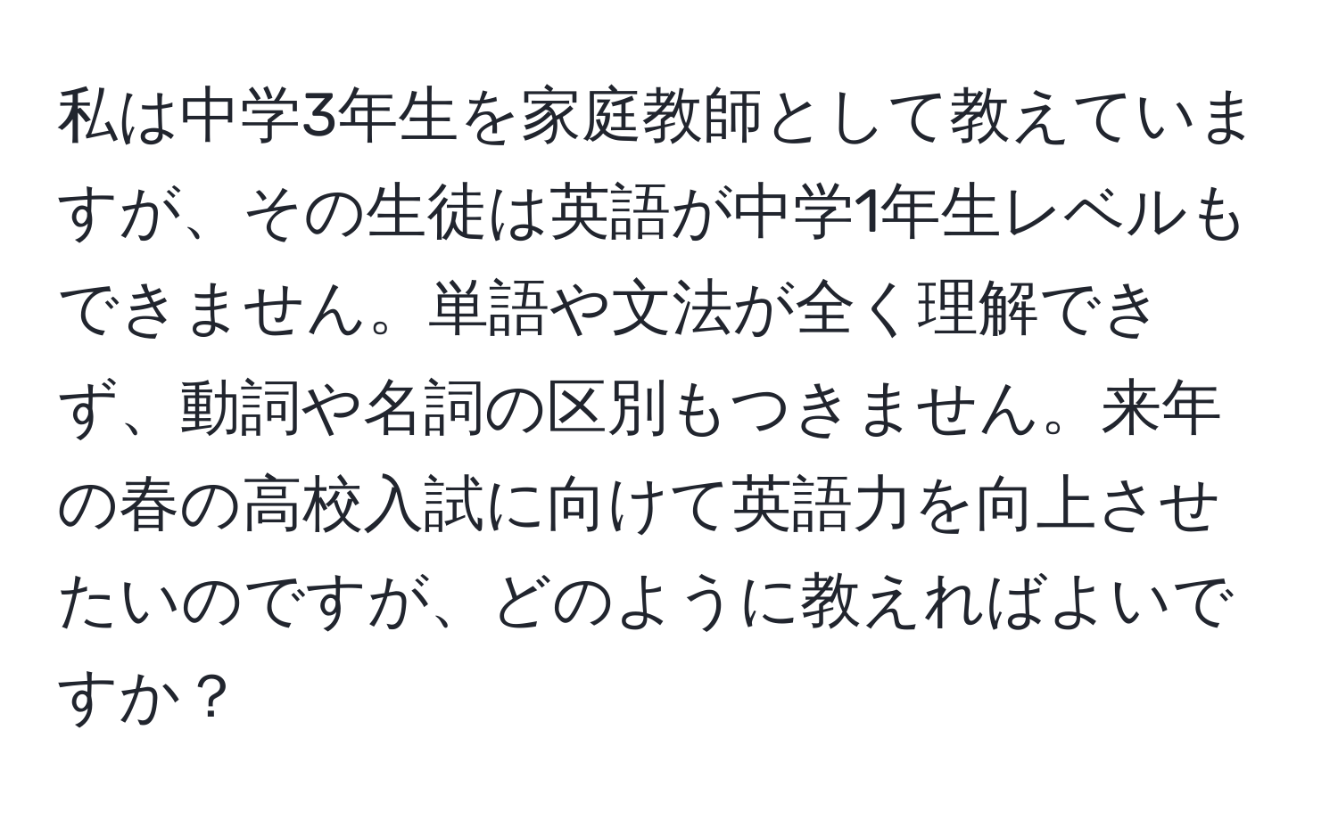 私は中学3年生を家庭教師として教えていますが、その生徒は英語が中学1年生レベルもできません。単語や文法が全く理解できず、動詞や名詞の区別もつきません。来年の春の高校入試に向けて英語力を向上させたいのですが、どのように教えればよいですか？