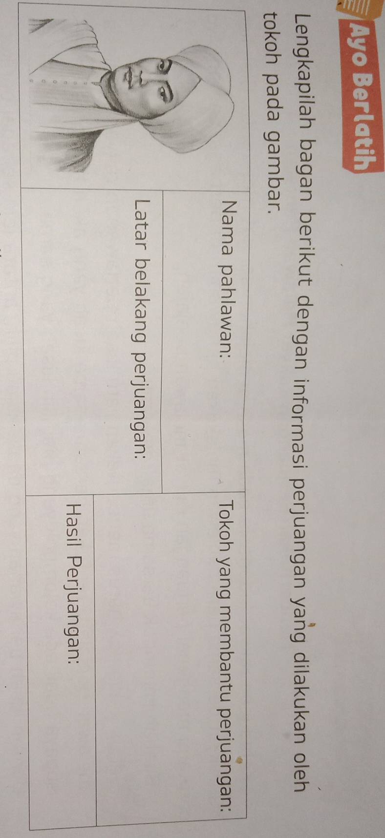 Ayo Berlatih 
Lengkapilah bagan berikut dengan informasi perjuangan yang dilakukan oleh 
tokoh pada gambar.