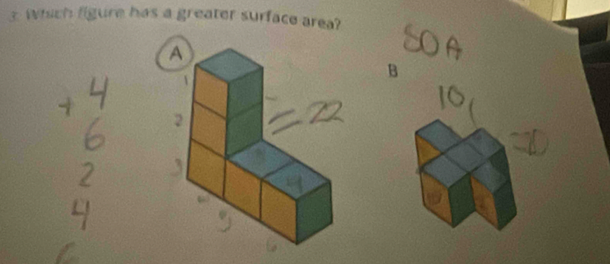 Which figure has a greater surface area? 
B