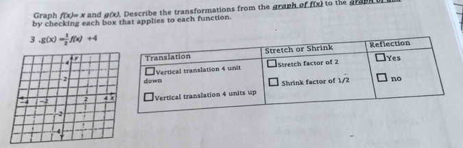 Graph f(x)=x and g(x) , Describe the transformations from the graph of f(x) to the grapi o
by checking each box that applies to each function.
3 g(x)= 1/2 f(x)+4