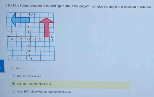 Is the blue figure a rotation of the red figure about the origin? If so, give the angle and direction of rotation.
no
yes; 90° clockwise
yes; 90° counterclockwise
yes; 180° clockwise or counterclockwise