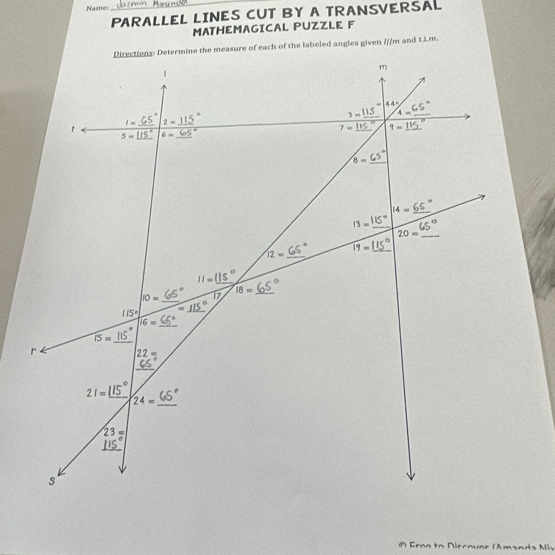 Name:
PARALLEL LINES CUT BY A TRANSVERSAL
MATHEMAGICAL PUZZLE F
a Aiv