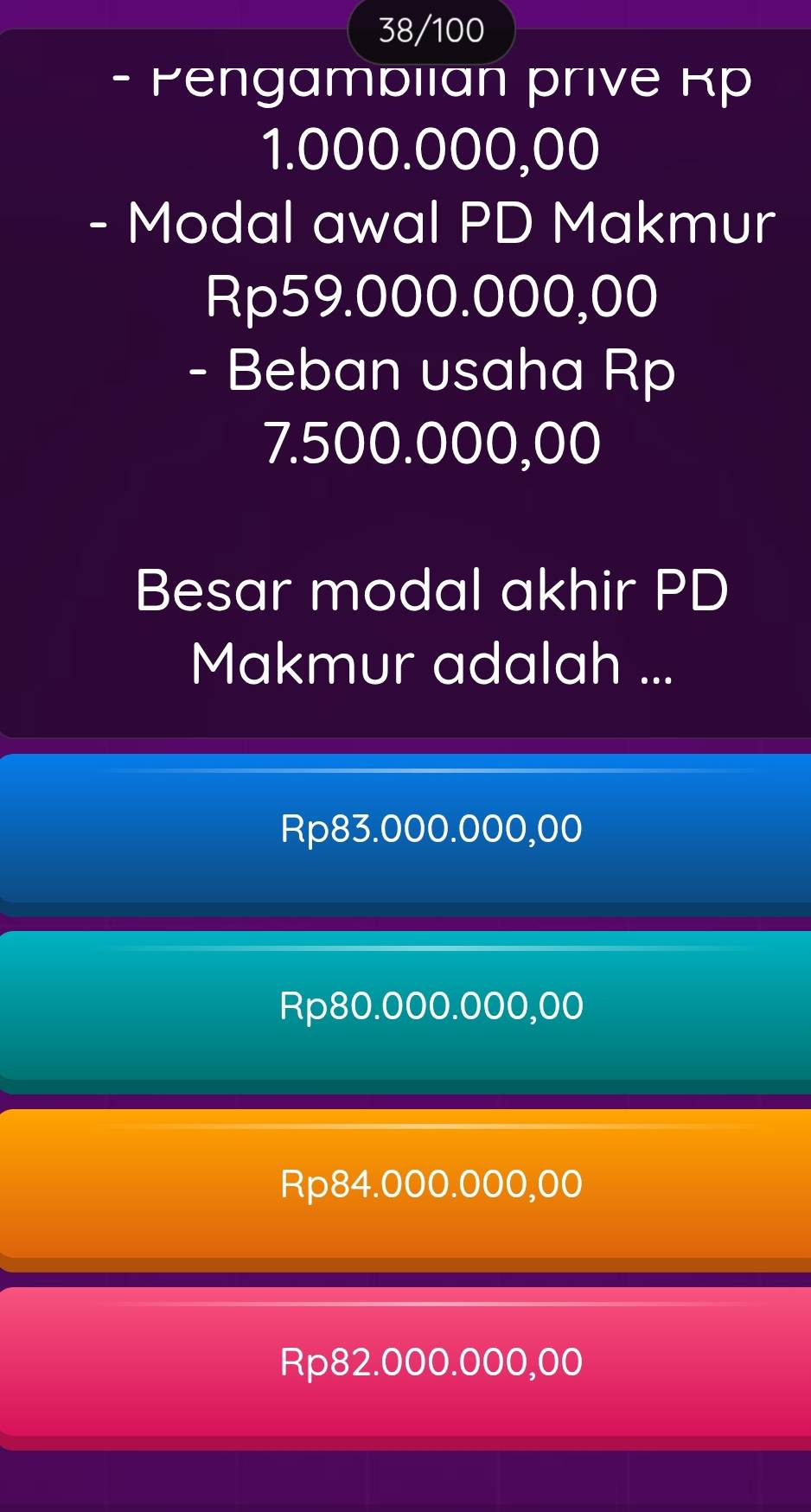 38/100
- Pengamblian prive Rp
1.000.000,00
- Modal awal PD Makmur
Rp59.000.000,00
- Beban usaha Rp
7.500.000,00
Besar modal akhir PD
Makmur adalah ...
Rp83.000.000,00
Rp80.000.000,00
Rp84.000.000,00
Rp82.000.000,00