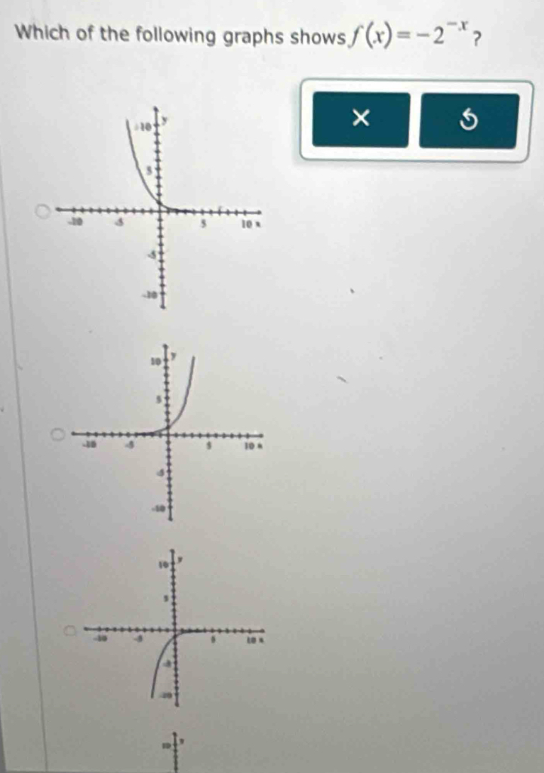 Which of the following graphs shows f(x)=-2^(-x) ? 
×