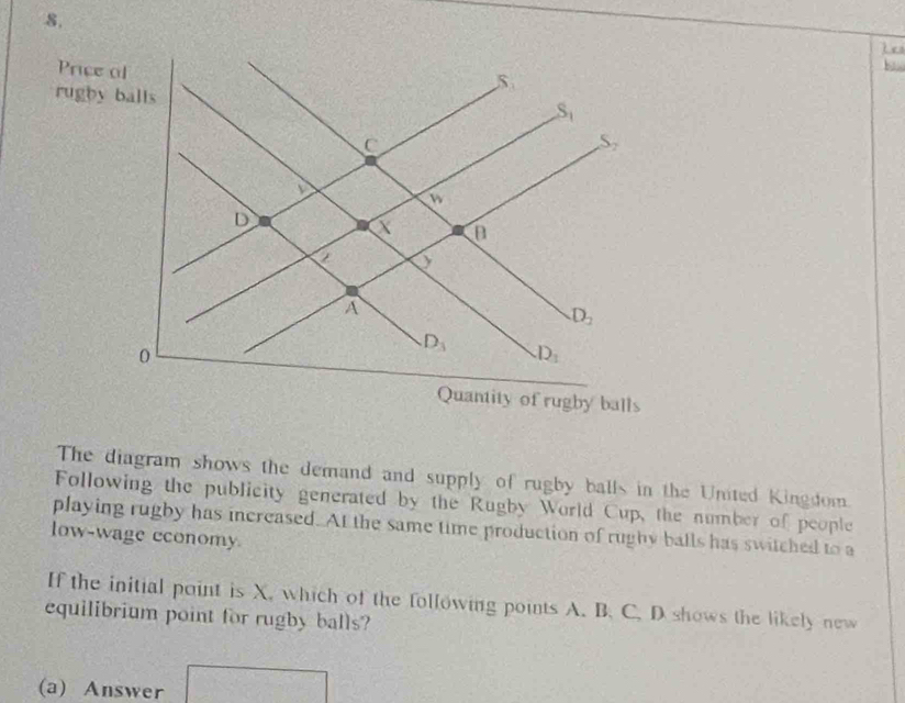 ie
b
The diagram shows the demand and supply of rugby balls in the United Kingdom.
Following the publicity generated by the Rugby World Cup, the number of people
playing rugby has increased. At the same time production of rughy balls has switched to a
low-wage economy
If the initial point is X. which of the following points A. B. C. D shows the likely new
equilibrium point for rugby balls?
(a) Answer