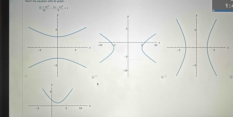 Match the equation with its graph.
frac (y+4)^225-frac (x-2)^29=1
1: 
①