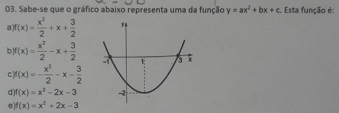 Sabe-se que o gráfico abaixo representa uma da função y=ax^2+bx+c. Esta função é:
a f(x)= x^2/2 +x+ 3/2 
b) f(x)= x^2/2 -x+ 3/2 
C f(x)=- x^2/2 -x- 3/2 
d) f(x)=x^2-2x-3
e) f(x)=x^2+2x-3