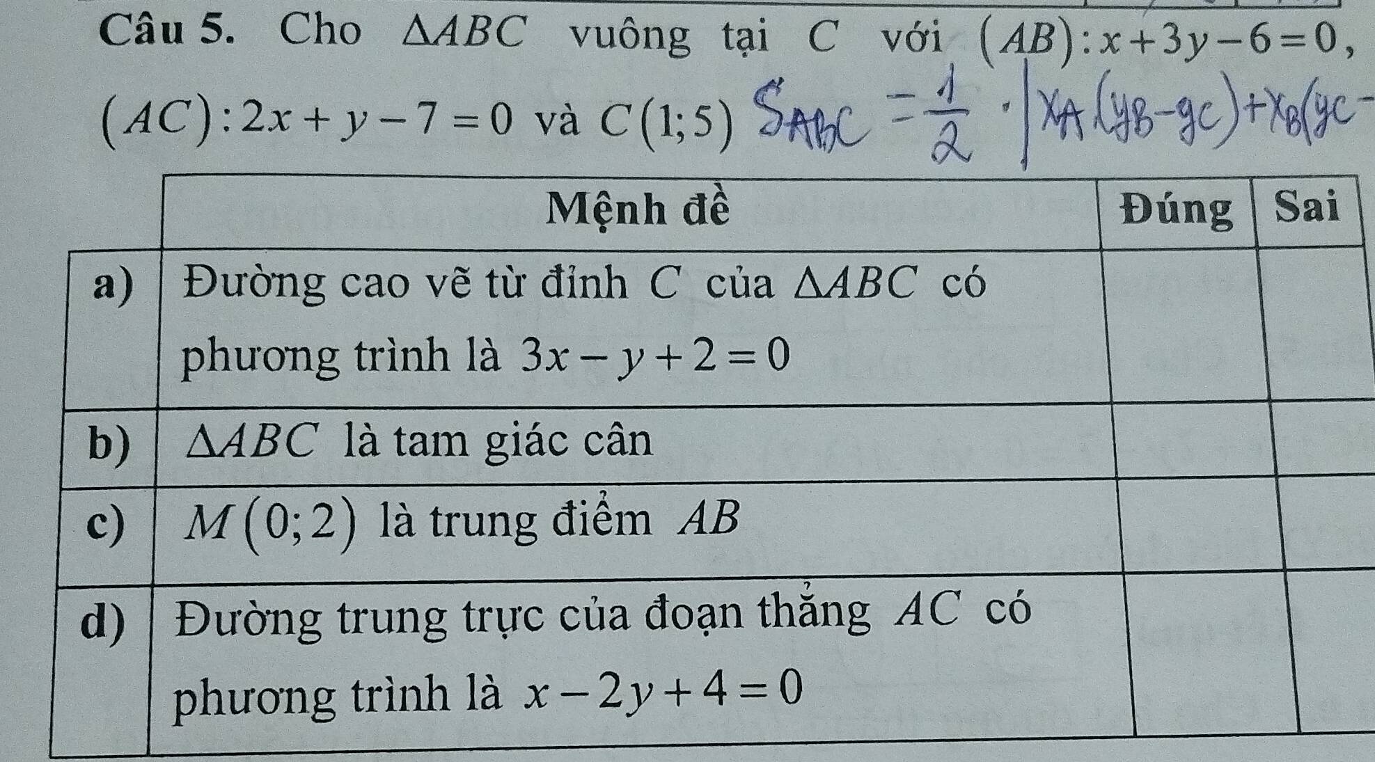 Cho △ ABC vuông tại C với (AB):x+3y-6=0,
(AC):2x+y-7=0 và C(1;5)