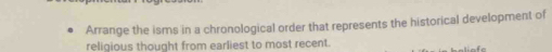 Arrange the isms in a chronological order that represents the historical development of 
religious thought from earliest to most recent.