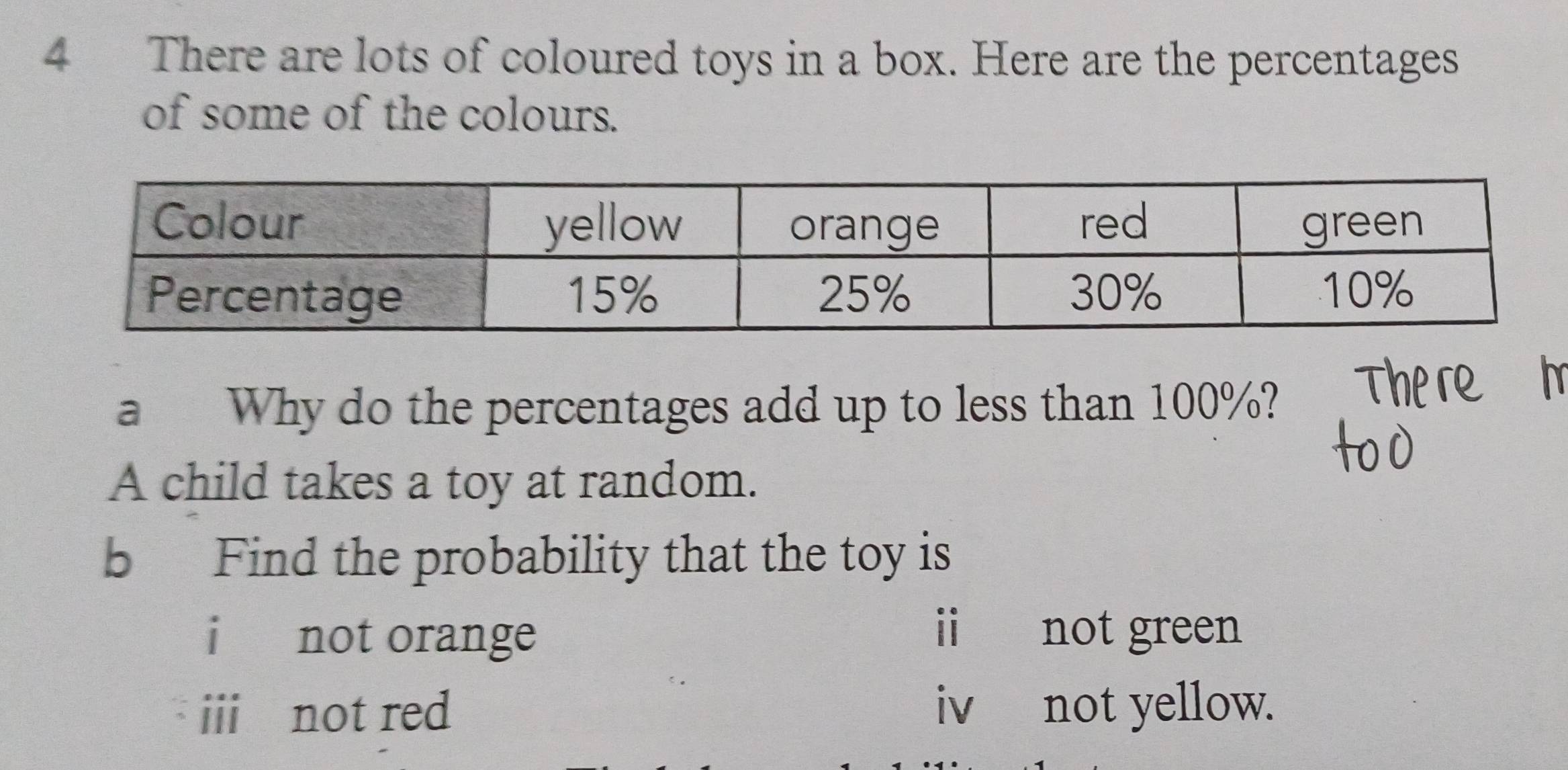 There are lots of coloured toys in a box. Here are the percentages
of some of the colours.
a Why do the percentages add up to less than 100%?
A child takes a toy at random.
b Find the probability that the toy is
i not orange i not green
iiénot red iv not yellow.