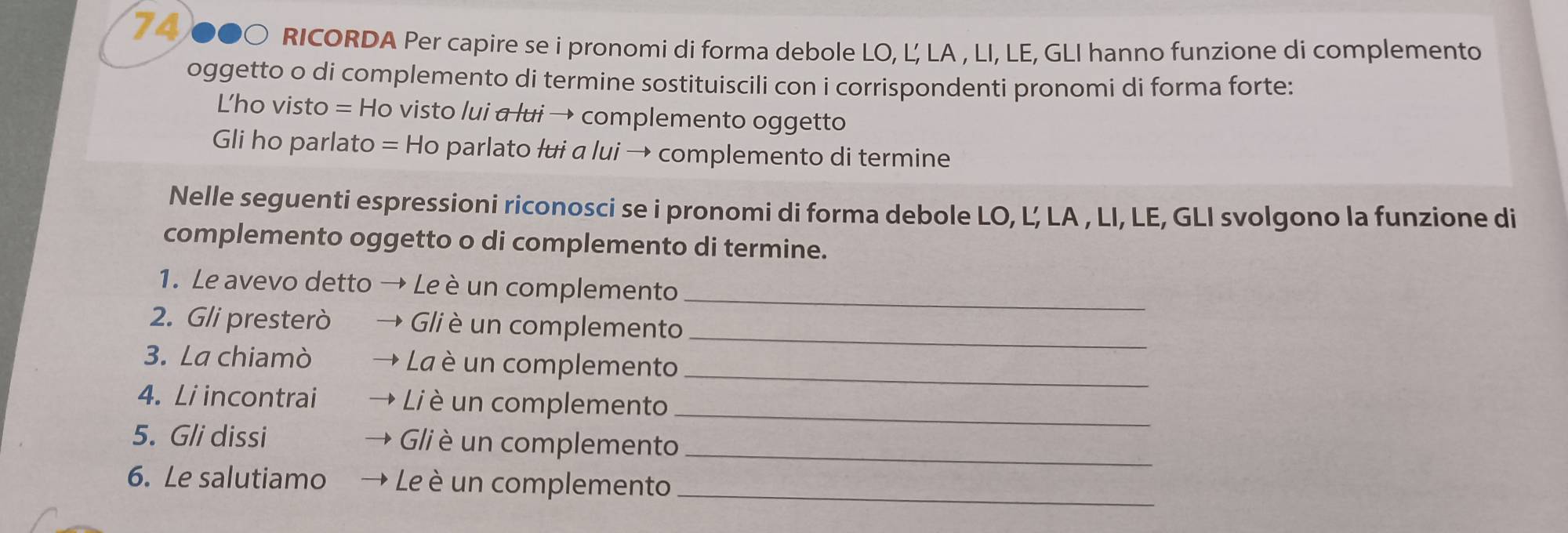 74 ●●○ RICORDA Per capire se i pronomi di forma debole LO, L, LA , LI, LE, GLI hanno funzione di complemento 
oggetto o di complemento di termine sostituiscili con i corrispondenti pronomi di forma forte: 
Lho visto = Ho visto lui a lui → complemento oggetto 
Gli ho parlato = Ho parlato łui a lui → complemento di termine 
Nelle seguenti espressioni riconosci se i pronomi di forma debole LO, L’, LA , LI, LE, GLI svolgono la funzione di 
complemento oggetto o di complemento di termine. 
1. Le avevo detto Le è un complemento_ 
2. Gli presterò Gli è un complemento_ 
3. La chiamò La è un complemento_ 
4. Li incontrai Li è un complemento_ 
5. Gli dissi Gli è un complemento_ 
6. Le salutiamo Le è un complemento_