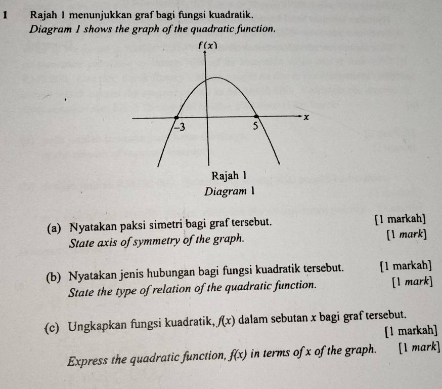 Rajah 1 menunjukkan graf bagi fungsi kuadratik.
Diagram 1 shows the graph of the quadratic function.
Rajah 1
Diagram 1
(a) Nyatakan paksi simetri bagi graf tersebut. [1 markah]
State axis of symmetry of the graph. [1 mark]
(b) Nyatakan jenis hubungan bagi fungsi kuadratik tersebut. [1 markah]
State the type of relation of the quadratic function. [1 mark]
(c) Ungkapkan fungsi kuadratik, f(x) dalam sebutan x bagi graf tersebut.
[1 markah]
Express the quadratic function, f(x) in terms of x of the graph.    [1 mark]