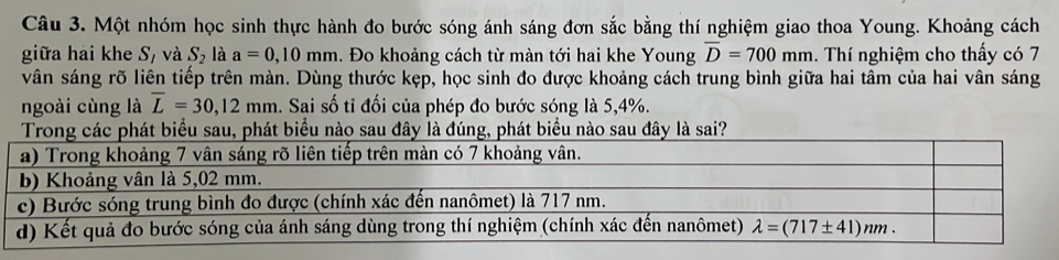 Một nhóm học sinh thực hành đo bước sóng ánh sáng đơn sắc bằng thí nghiệm giao thoa Young. Khoảng cách
giữa hải khe S, và S_2 là a=0,10mm. Đo khoảng cách từ màn tới hai khe Young overline D=700mm. Thí nghiệm cho thấy có 7
vân sáng rõ liên tiếp trên màn. Dùng thước kẹp, học sinh đo được khoảng cách trung bình giữa hai tâm của hai vân sáng
ngoài cùng là overline L=30,12mm. Sai số tỉ đối của phép đo bước sóng là 5,4%.
Tphát biểu sau, phát biểu nào sau đây là đúng, phát biểu nào sau đây là sai?