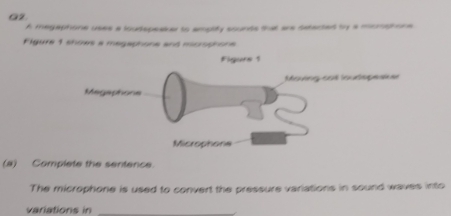 A megaptione uses a loudspeaker to ampity sounts that are setartet by a mnngiese 
Figure 1 shows a megaphone and mcrophore 
Figure 1 
(a) Complete the sentence. 
The microphone is used to convert the pressure variations in sound waves into 
variations in_