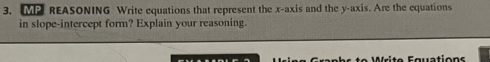 MP REASONING Write equations that represent the x-axis and the y-axis. Are the equations 
in slope-intercept form? Explain your reasoning. 
e Wri te Équation s