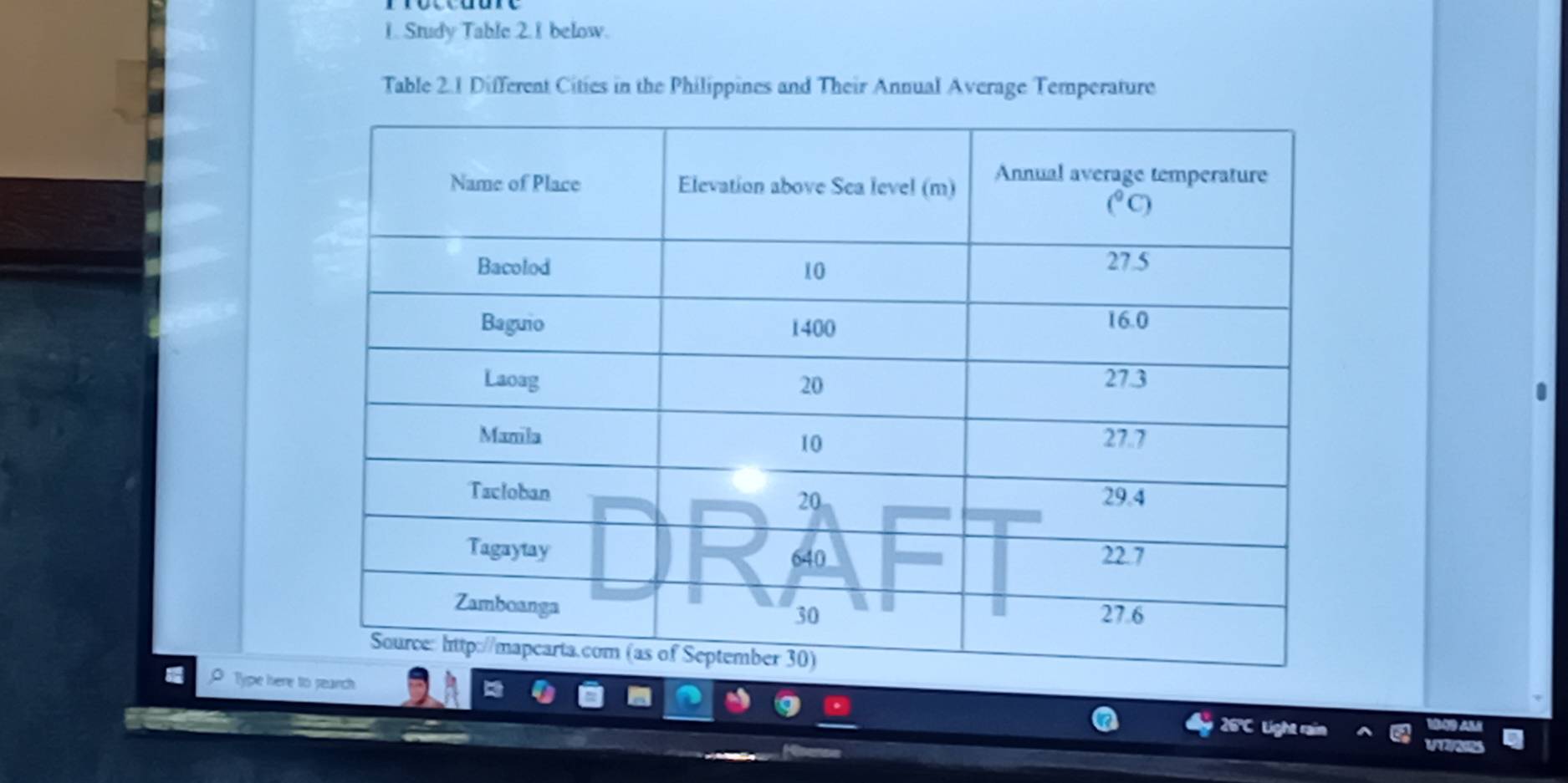 Study Table 2. 1 below.
Table 2.1 Different Cities in the Philippines and Their Annual Average Temperature
Type here to rearch 26°C Light rain