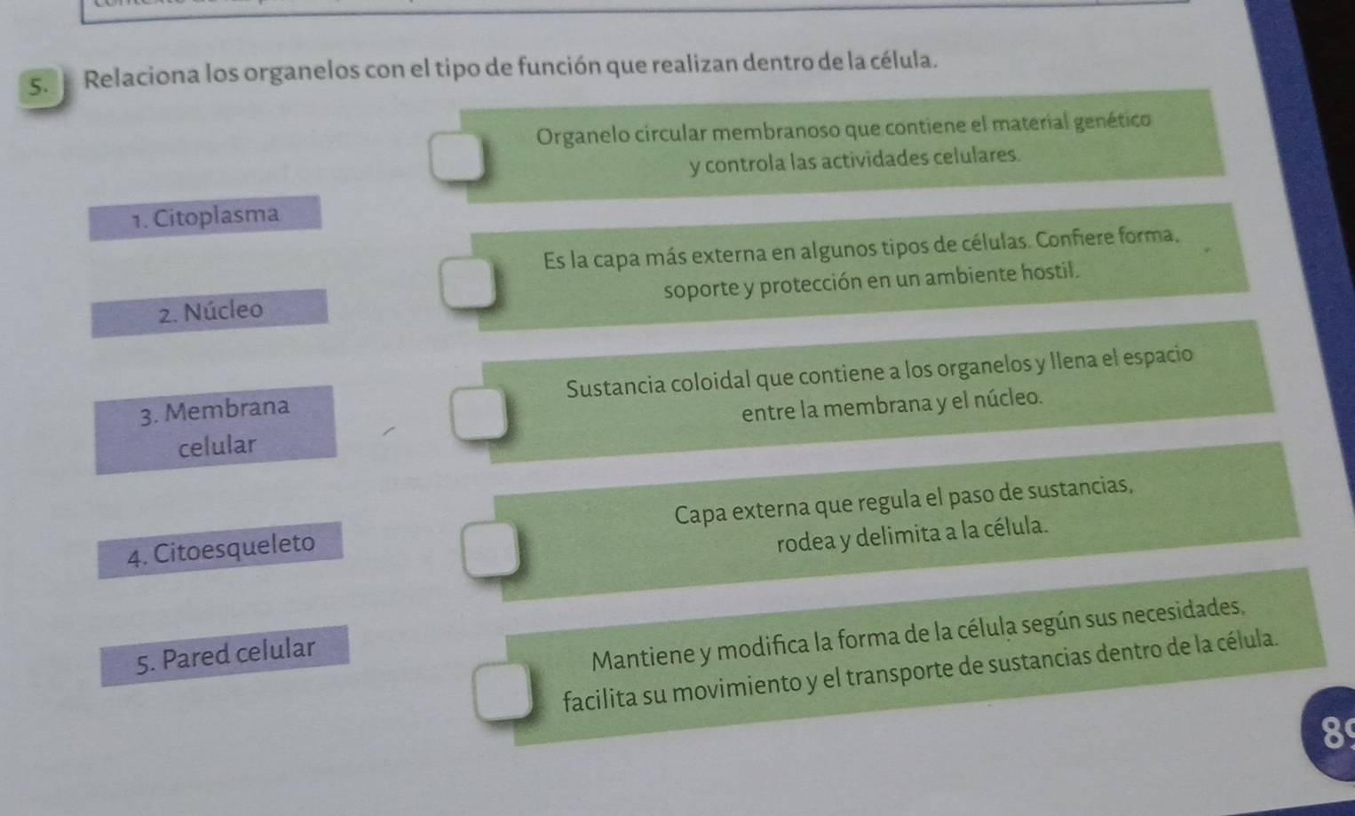 Relaciona los organelos con el tipo de función que realizan dentro de la célula.
Organelo circular membranoso que contiene el material genético
y controla las actividades celulares.
1. Citoplasma
Es la capa más externa en algunos tipos de células. Confiere forma,
2. Núcleo soporte y protección en un ambiente hostil.
3. Membrana Sustancia coloidal que contiene a los organelos y llena el espacio
entre la membrana y el núcleo.
celular
4. Citoesqueleto Capa externa que regula el paso de sustancias,
rodea y delimita a la célula.
5. Pared celular
Mantiene y modifica la forma de la célula según sus necesidades.
facilita su movimiento y el transporte de sustancias dentro de la célula.
8