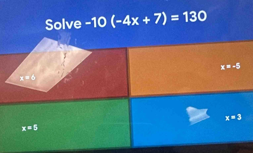 Solve -10(-4x+7)=130