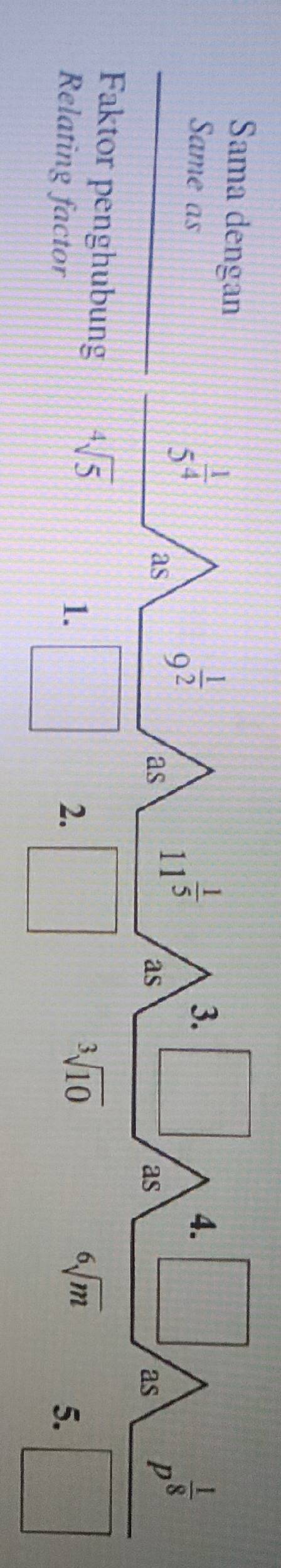 Sama dengan
Same as
3. □ 4. □
5^(frac 1)4 as
9^(frac 1)2
as 11^(frac 1)5
as
as
as p^(frac 1)8
Faktor penghubung sqrt[4](5) □ 2.
Relating factor
1.
sqrt [3](10)^6sqrt(m) 5. □°
x=