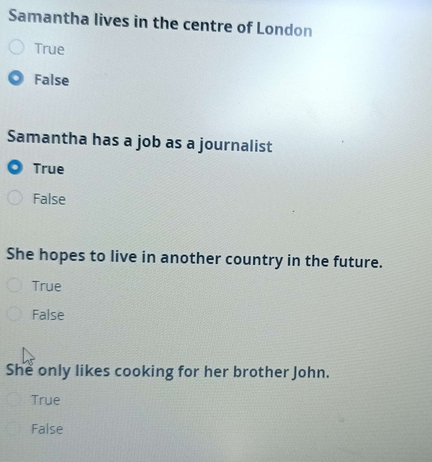 Samantha lives in the centre of London
True
False
Samantha has a job as a journalist
True
False
She hopes to live in another country in the future.
True
False
She only likes cooking for her brother John.
True
False