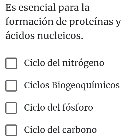 Es esencial para la
formación de proteínas y
ácidos nucleicos.
Ciclo del nitrógeno
Ciclos Biogeoquímicos
Ciclo del fósforo
Ciclo del carbono