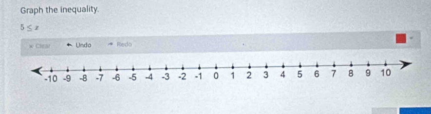 Graph the inequality.
5≤ x
× Clear Undo Redo