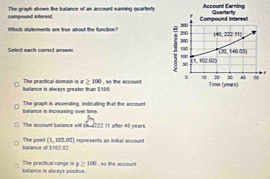 The graph shows the balance of an account earning quarterly
compound interest. 
Which statements are true about the function?
Select each correct answer.
The practical domain is x≥ 100 , so the account
balance is always greater than $100.
The graph is ascending, indicating that the account
balance is increasing over time.
The account balance will be a222.11 after 40 years.
The point (1,102.02) represents an inifial account
balance of $102.02
The practical range is y≥ 100 , so the account
balance is always posifive